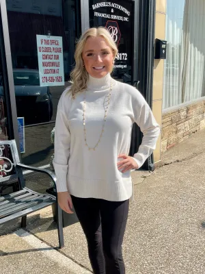 Ladies Hi-Lo Mock Neck Tunic Sweater-Winter White