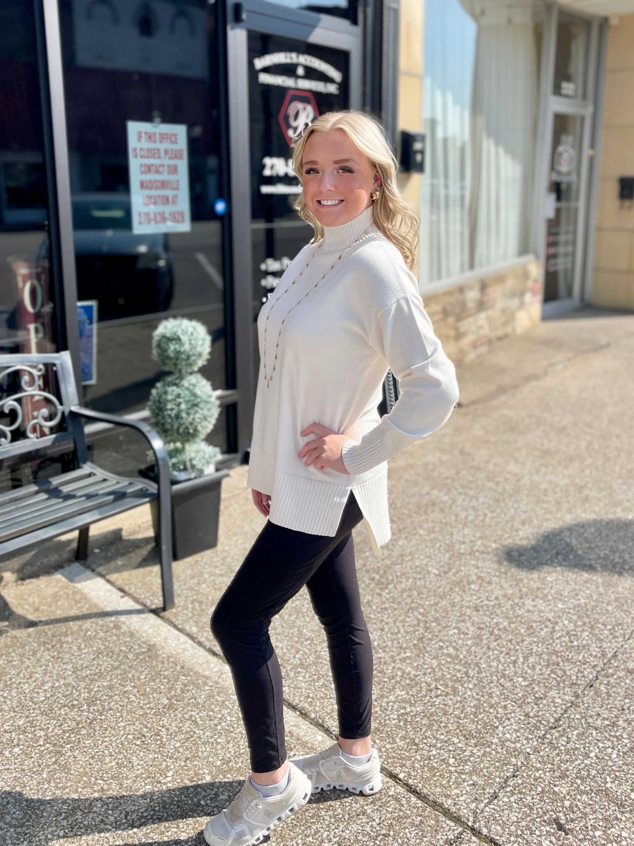 Ladies Hi-Lo Mock Neck Tunic Sweater-Winter White