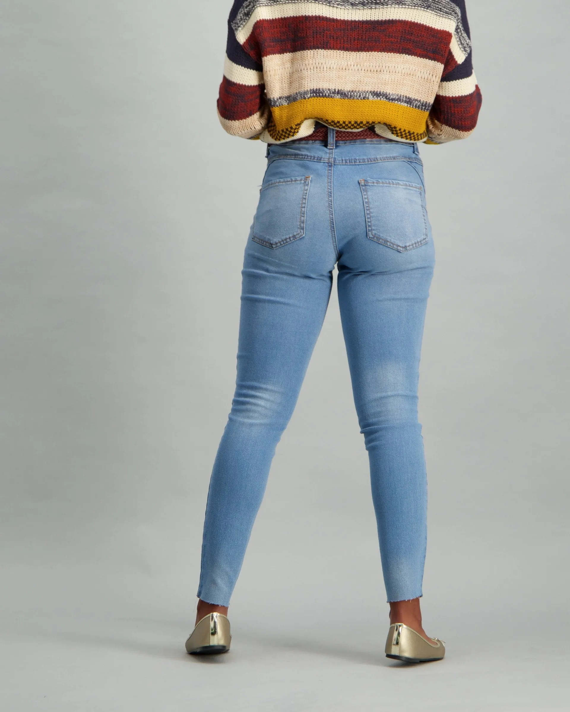 Ladies Light Wash Abraised Weave Belt Skinny Denim Jean