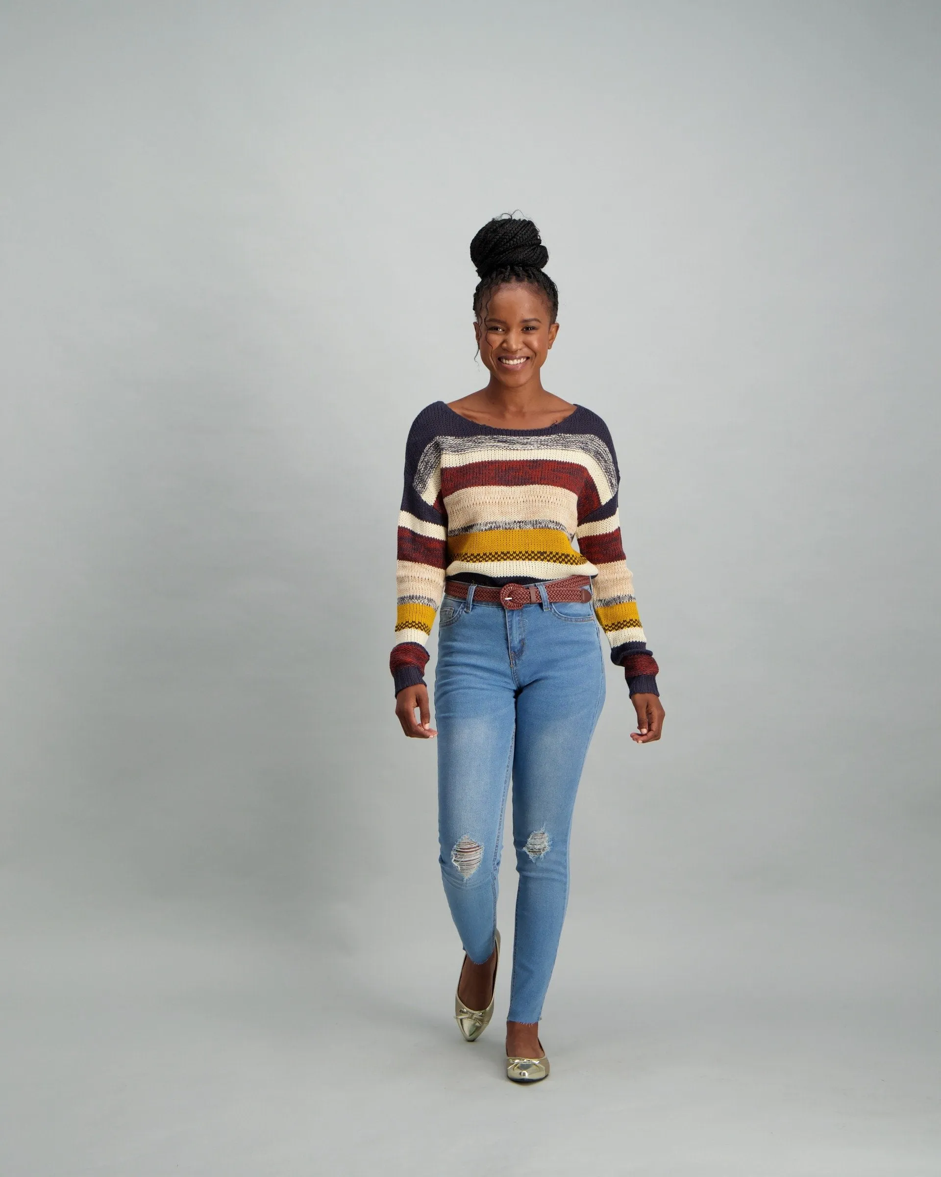 Ladies Light Wash Abraised Weave Belt Skinny Denim Jean