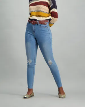 Ladies Light Wash Abraised Weave Belt Skinny Denim Jean