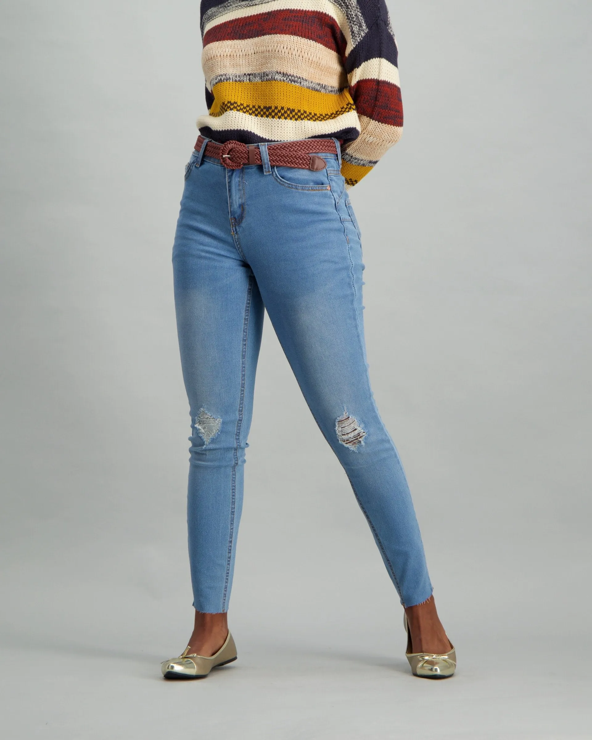 Ladies Light Wash Abraised Weave Belt Skinny Denim Jean