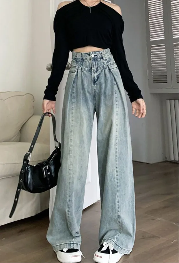Light Blue Washed Pleated Jeans