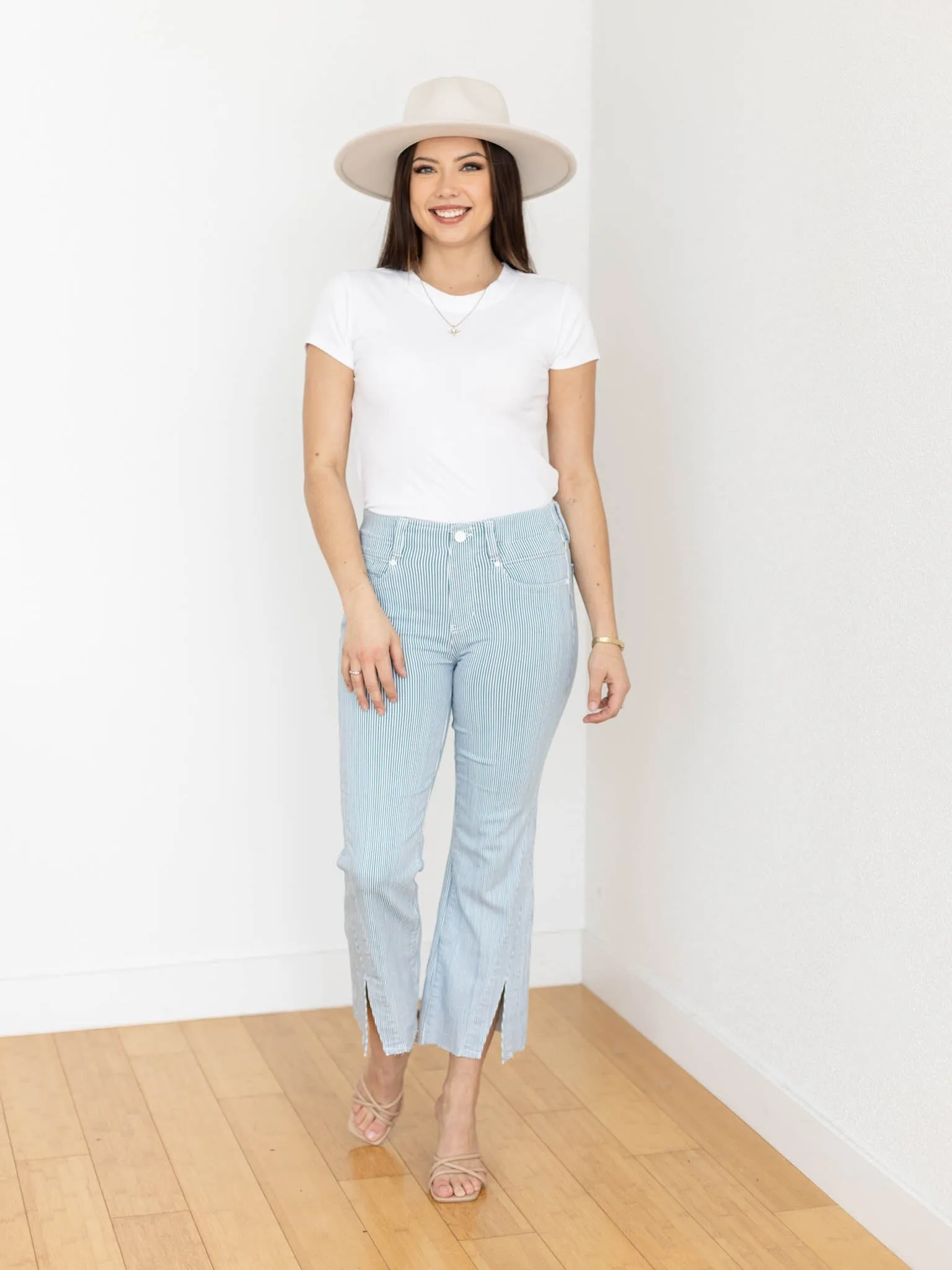 Liverpool Gia Glider Twisted Seam Crop Flare - Chambray Stripe