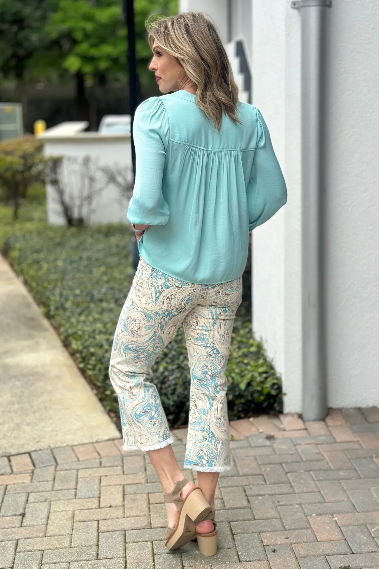 Liverpool Ocean Blue Ecru Marble Hannah Crop Flare Jean