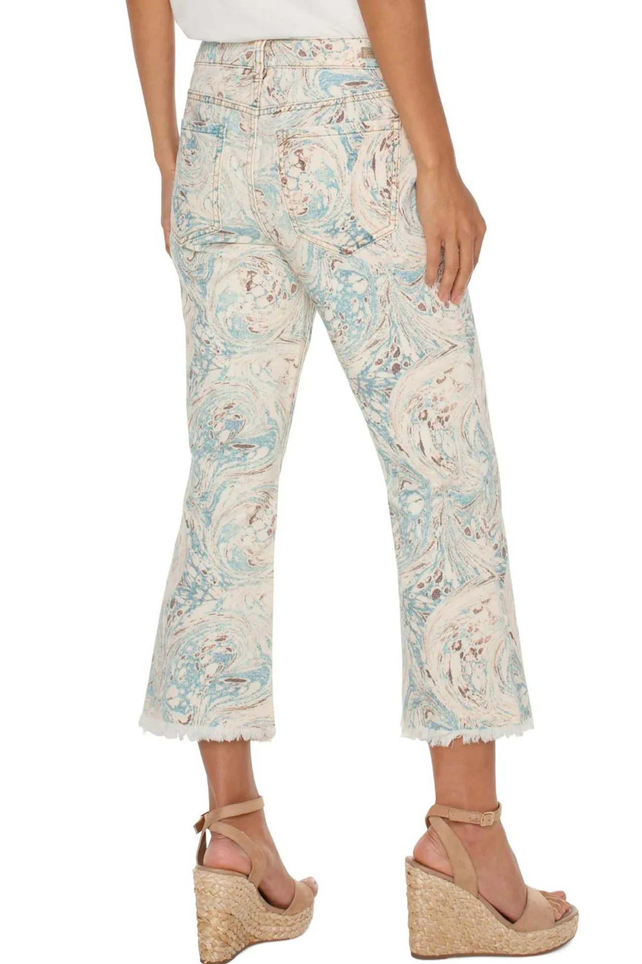 Liverpool Ocean Blue Ecru Marble Hannah Crop Flare Jean