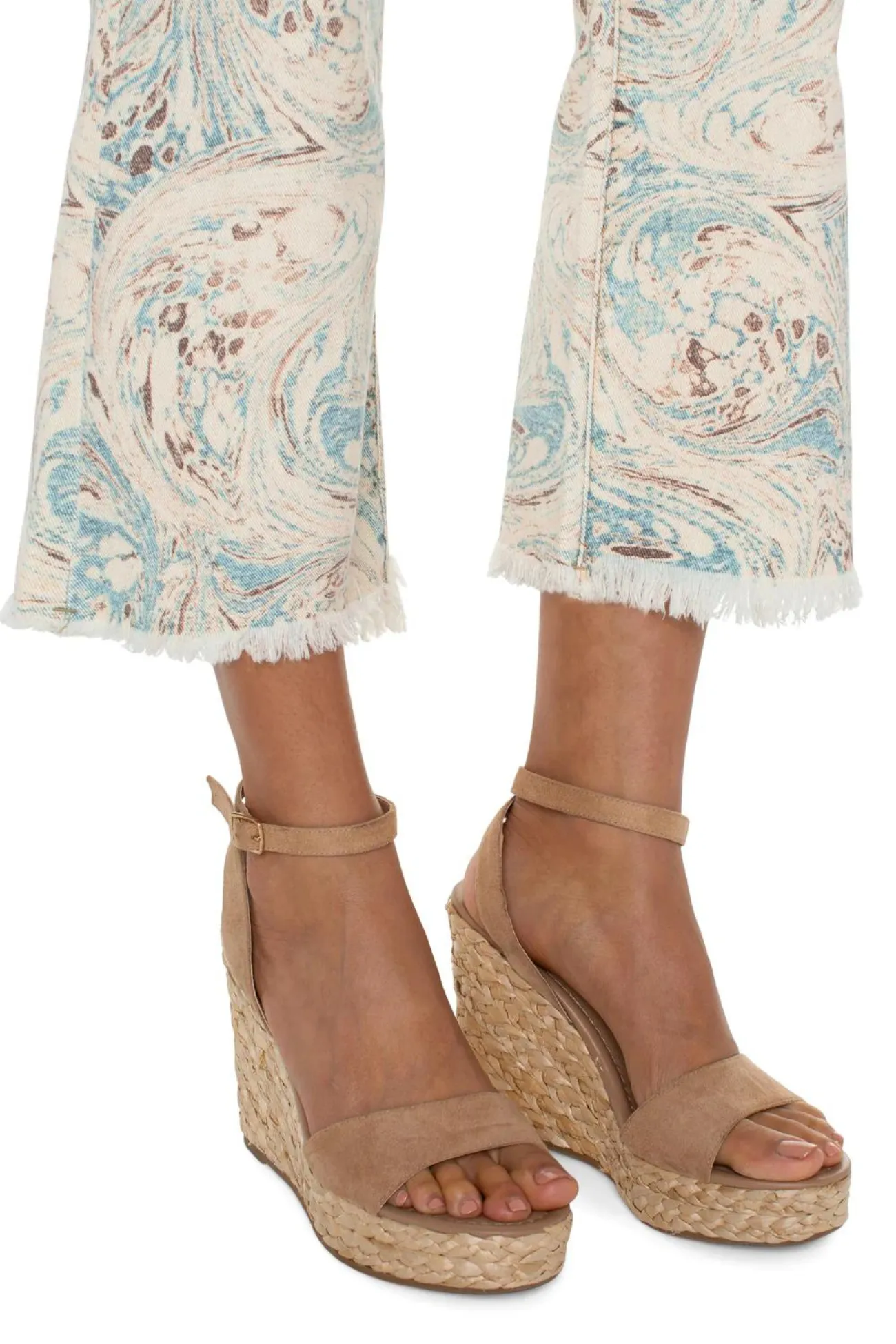 Liverpool Ocean Blue Ecru Marble Hannah Crop Flare Jean