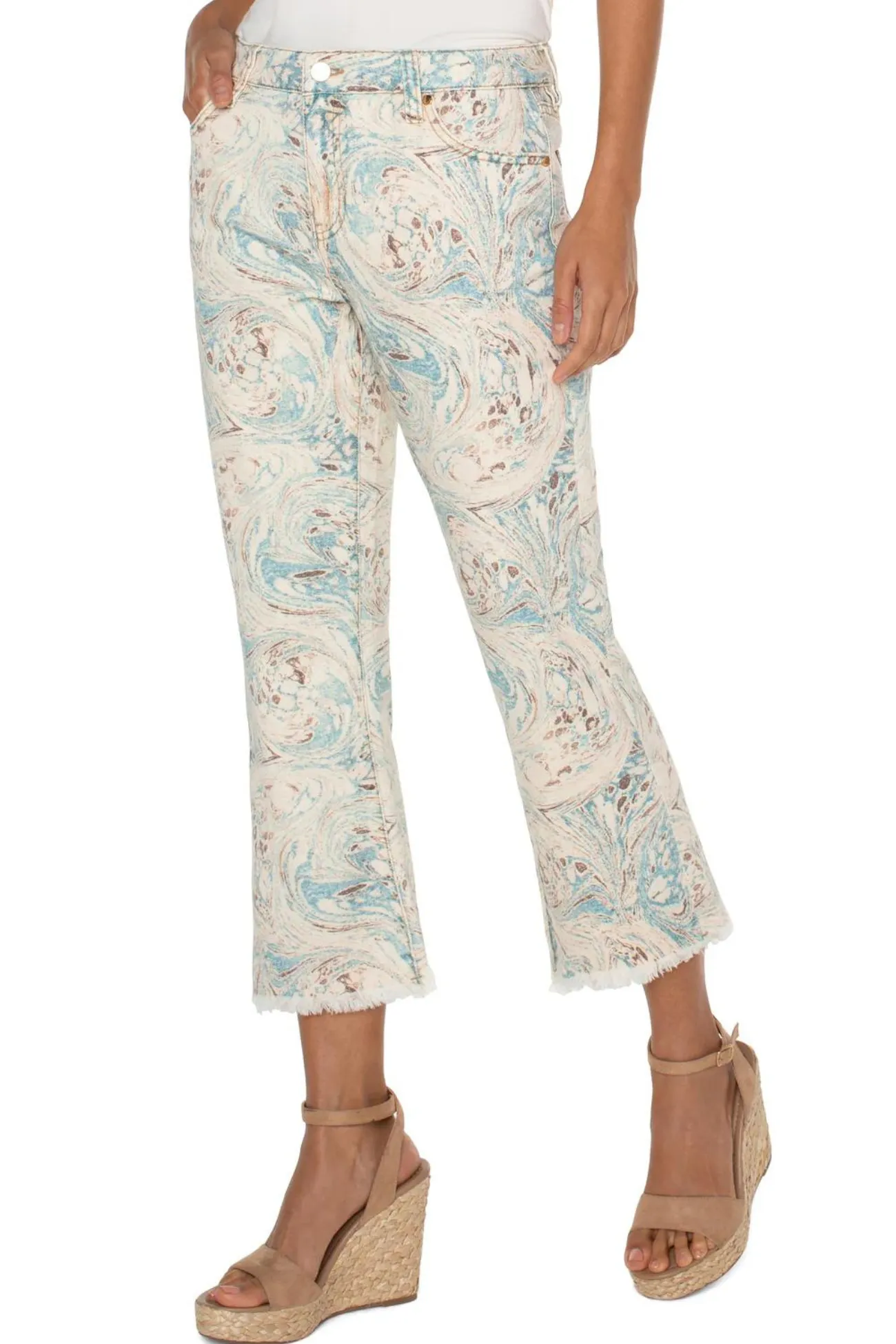 Liverpool Ocean Blue Ecru Marble Hannah Crop Flare Jean