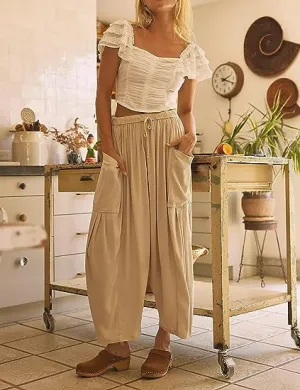 Louinda - Wide-leg cotton and linen pants with elastic waistband and pockets