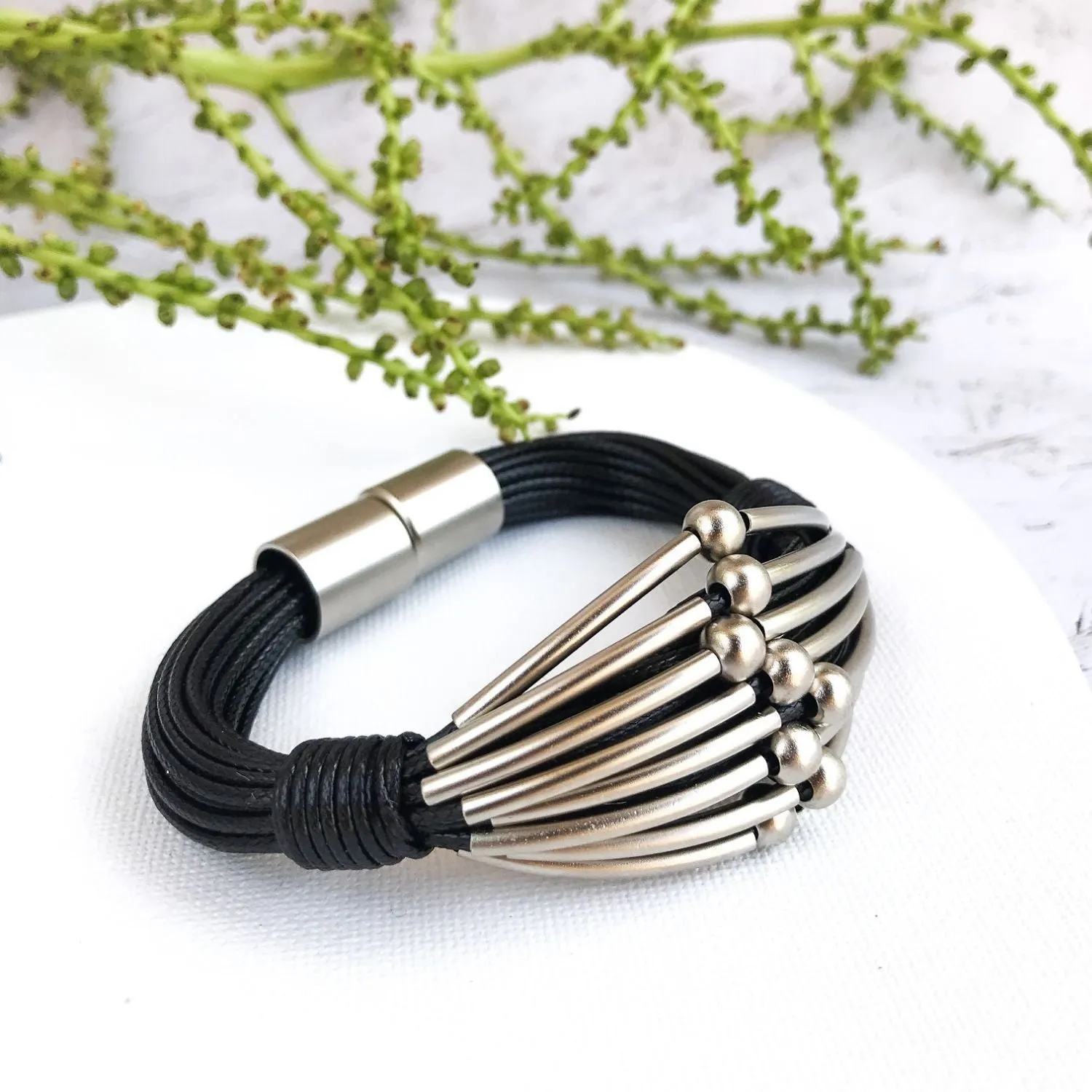 Maya - Black and sterling silver cuff bracelet