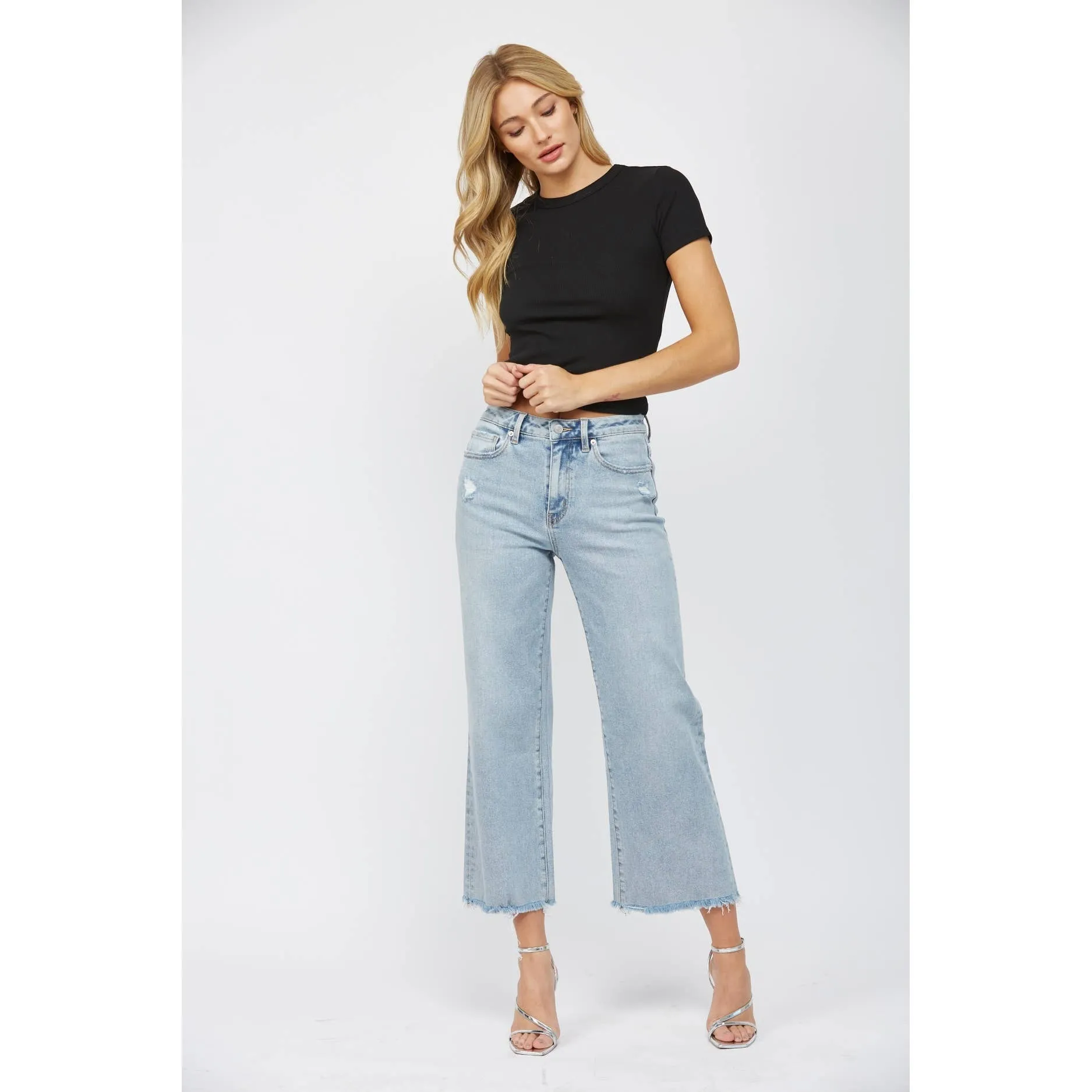 Mica Jeans: Electric Blue HIgh Rise Ankle Wide Leg