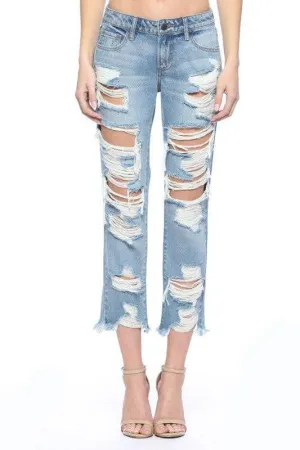 Mid level heavy destroyed jeans