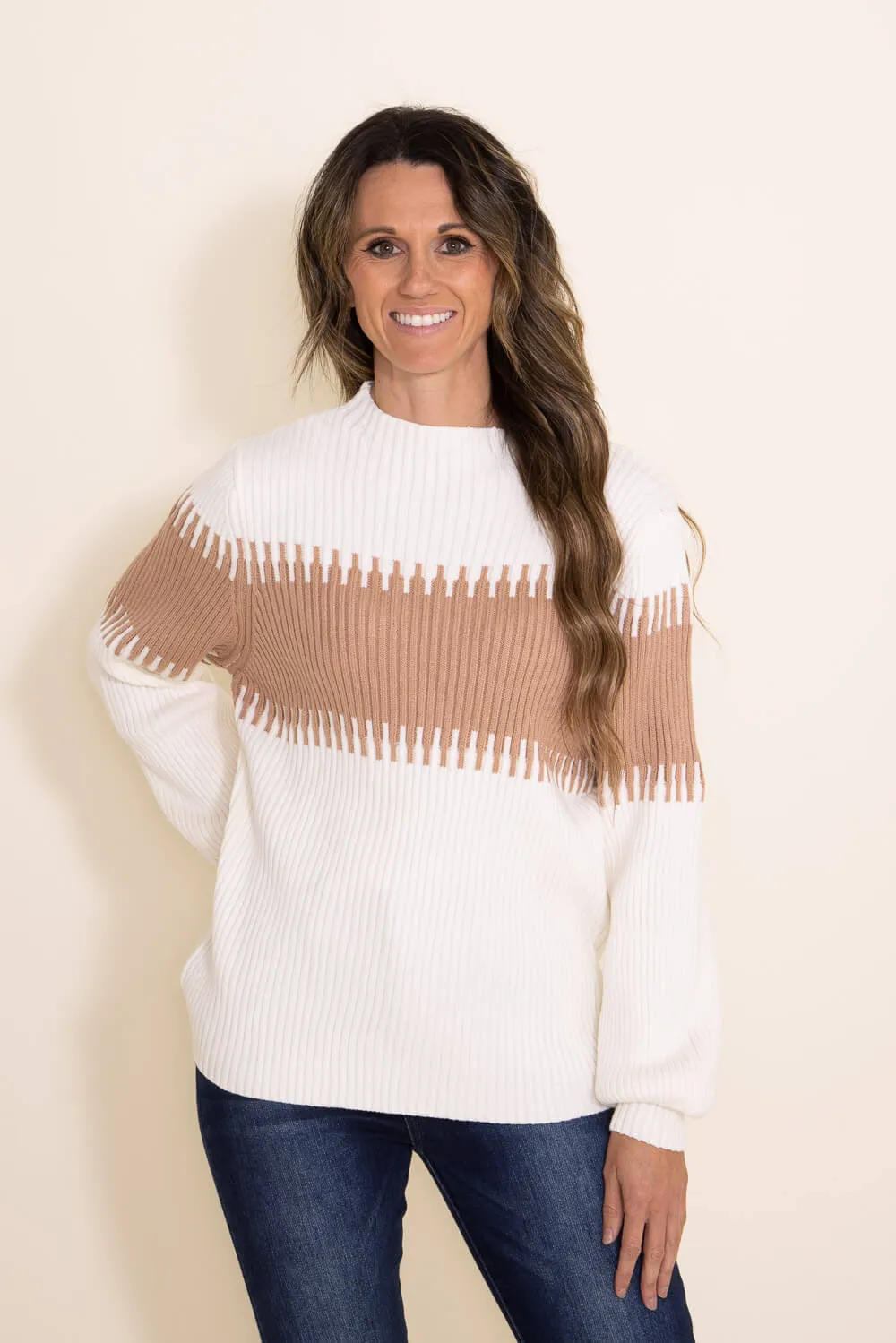 Miracle Stripe Key Sweater for Women in White | M8183-BEIGE