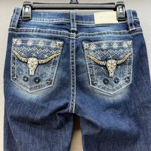 Miss Me Women’s Jeans Size 27 (4) Blue Mid Rise Easy Boot Steer Head Blingy