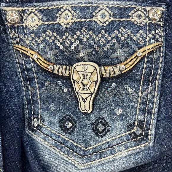 Miss Me Women’s Jeans Size 27 (4) Blue Mid Rise Easy Boot Steer Head Blingy