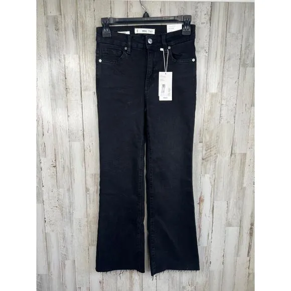 MNG Sienna Black 5-Pocket Raw Hem High Waist Flare Cropped Jeans Size EU 34 US 2
