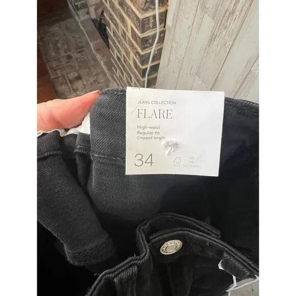 MNG Sienna Black 5-Pocket Raw Hem High Waist Flare Cropped Jeans Size EU 34 US 2
