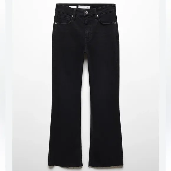 MNG Sienna Black 5-Pocket Raw Hem High Waist Flare Cropped Jeans Size EU 34 US 2