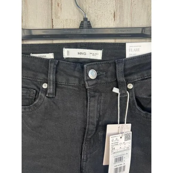 MNG Sienna Black 5-Pocket Raw Hem High Waist Flare Cropped Jeans Size EU 34 US 2