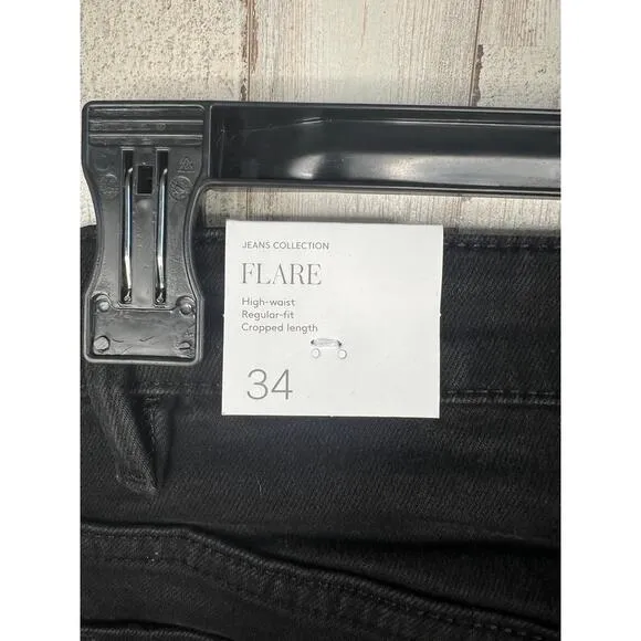 MNG Sienna Black 5-Pocket Raw Hem High Waist Flare Cropped Jeans Size EU 34 US 2