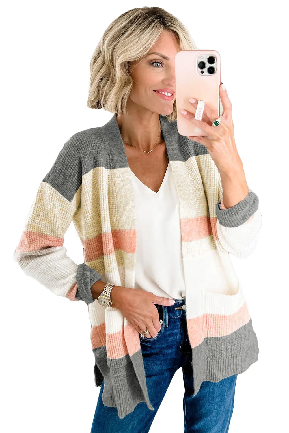 Multicolor Color Block Striped Pocketed Open Cardigan