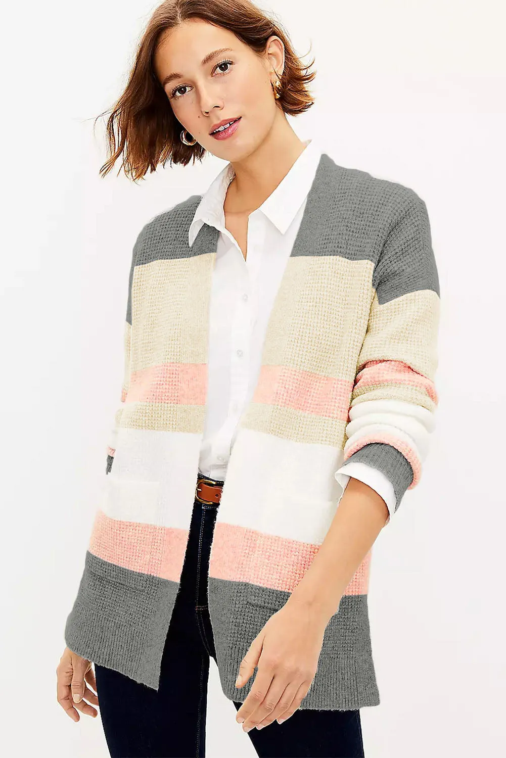 Multicolor Color Block Striped Pocketed Open Cardigan