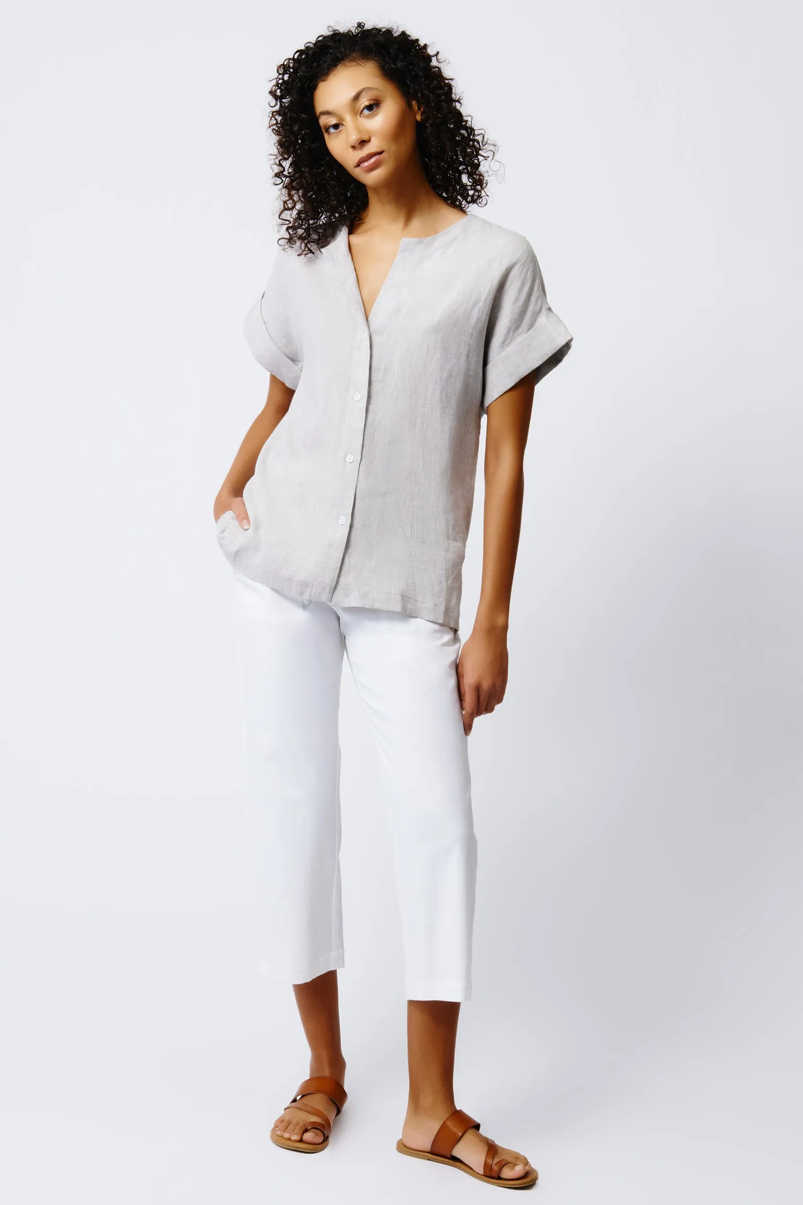 Natalie Short Sleeve Placket Shirt - Beige