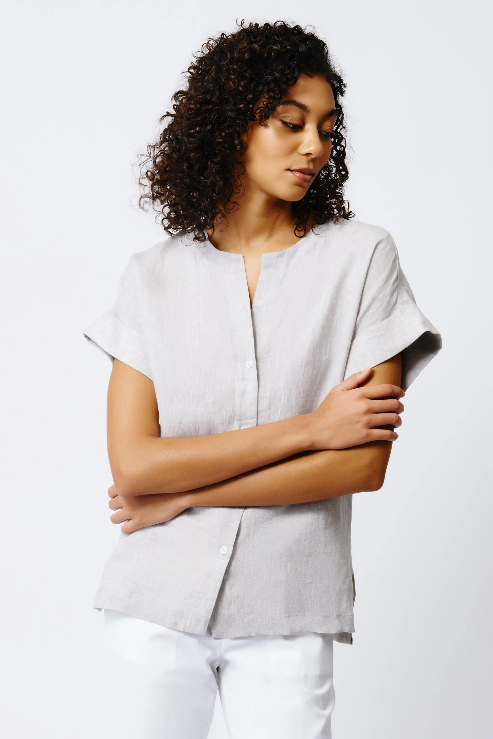 Natalie Short Sleeve Placket Shirt - Beige