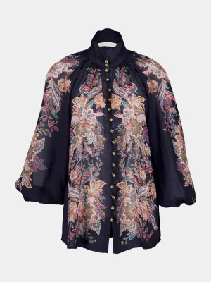 Navy Blue Billowing Rhiannon Blouse in Ramie