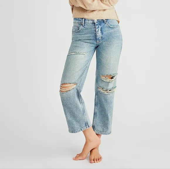 NEW Free People Lived In Love Blue Lucia Low Rise Ankle Crop Straight Jeans 24