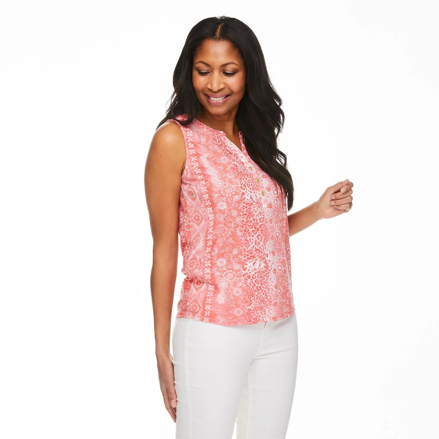 New Penmans Women's Smocked Sleeveless Henley in Coral, Sz S
