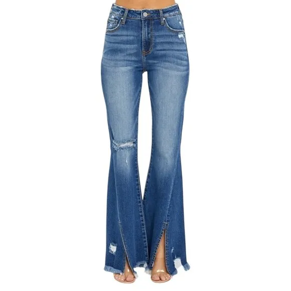 NEW RISEN Full Size High Rise Front Slit Frayed Hem Flare Jeans
