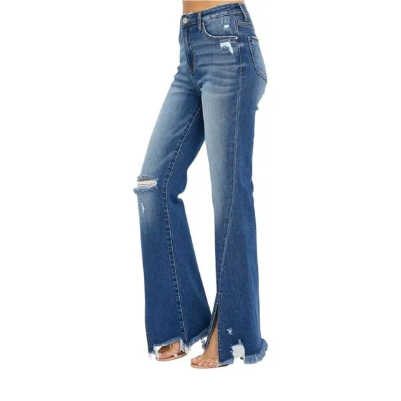 NEW RISEN Full Size High Rise Front Slit Frayed Hem Flare Jeans