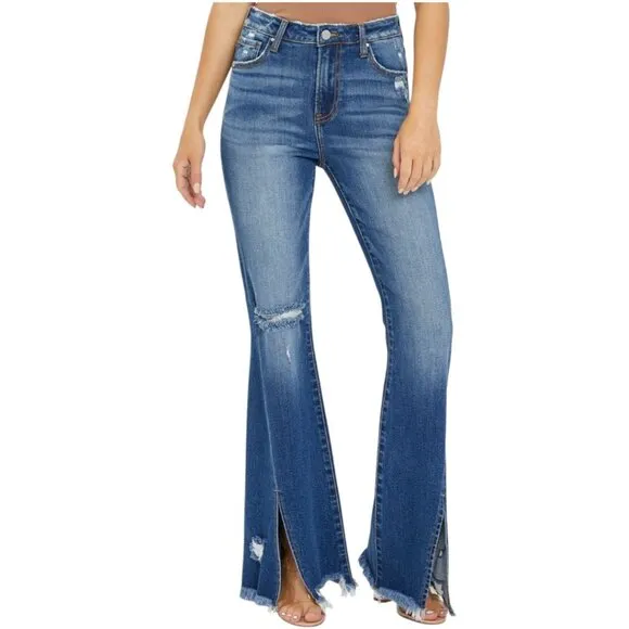 NEW RISEN Full Size High Rise Front Slit Frayed Hem Flare Jeans
