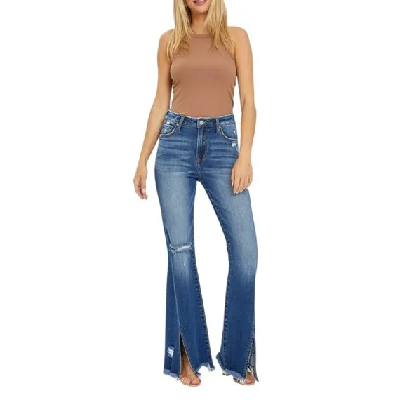 NEW RISEN Full Size High Rise Front Slit Frayed Hem Flare Jeans