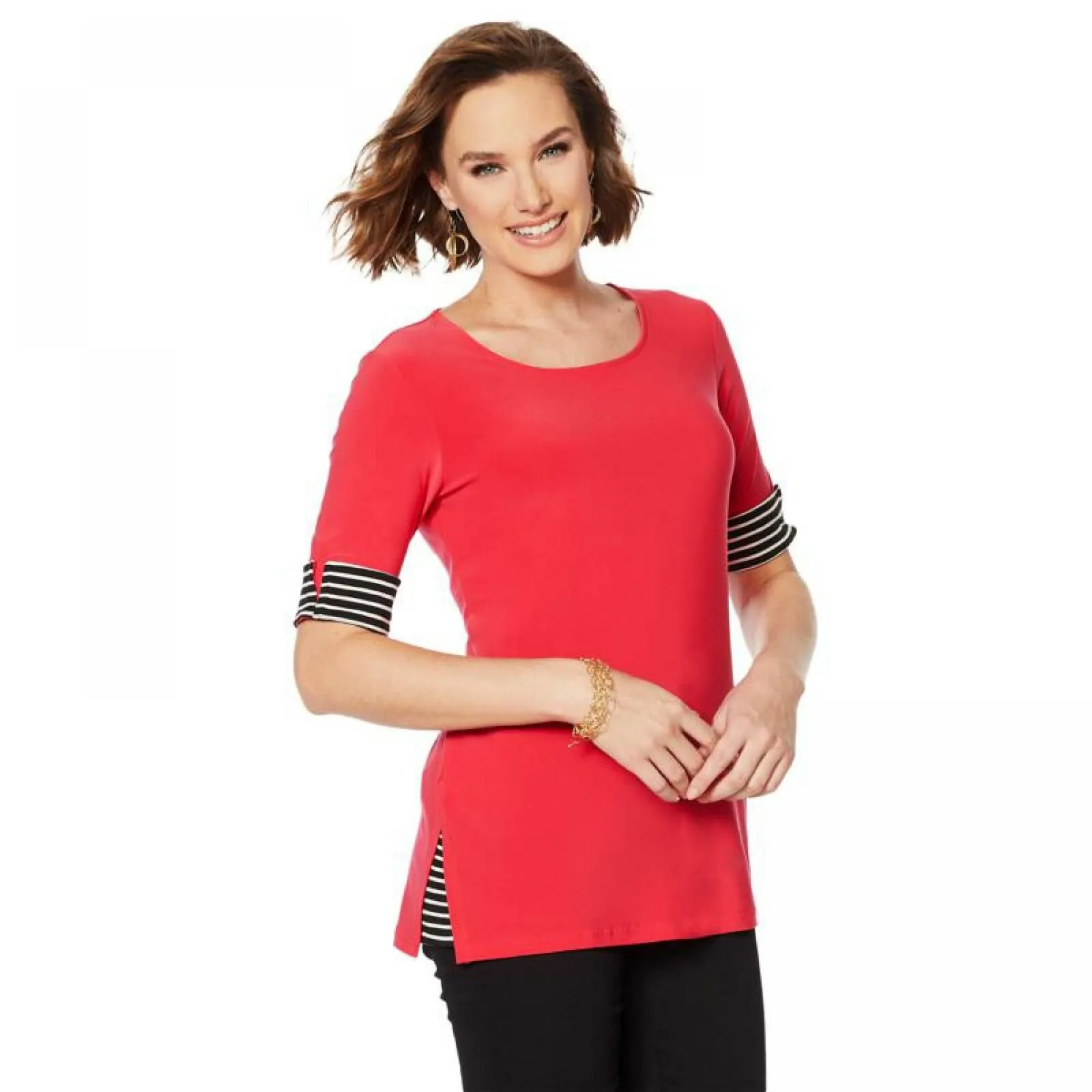 Nina Leonard Women's Tunic Top With Striped Cuff