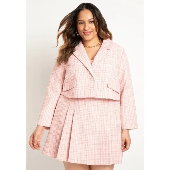 NWT ELOQUII Cropped Tweed Two Button Blazer in Pink