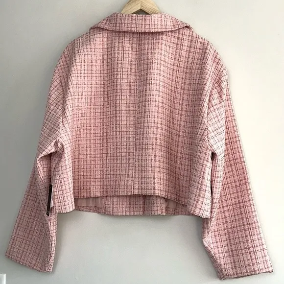 NWT ELOQUII Cropped Tweed Two Button Blazer in Pink