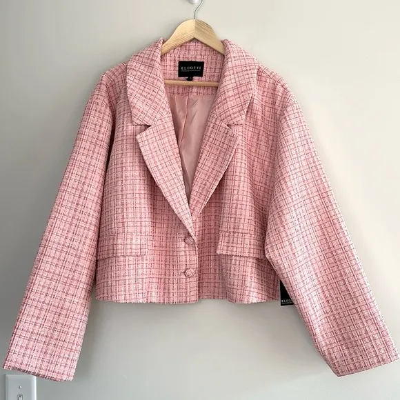 NWT ELOQUII Cropped Tweed Two Button Blazer in Pink