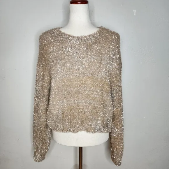 NWT MAEVE Sparkle and Texture Eyelash Crewneck Sweater in Sand/Sable Size XS
