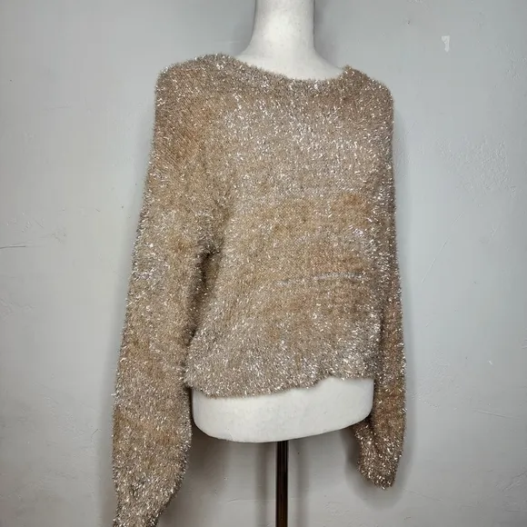 NWT MAEVE Sparkle and Texture Eyelash Crewneck Sweater in Sand/Sable Size XS