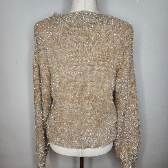 NWT MAEVE Sparkle and Texture Eyelash Crewneck Sweater in Sand/Sable Size XS