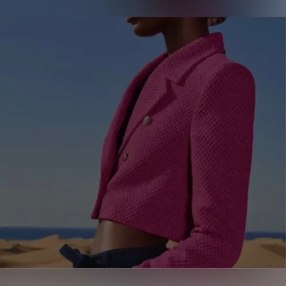 NWT ZARA Blogger Fave Pink &amp; Black Cropped Tweed Blazer Size Small $70 HTF
