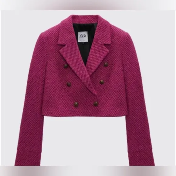 NWT ZARA Blogger Fave Pink &amp; Black Cropped Tweed Blazer Size Small $70 HTF