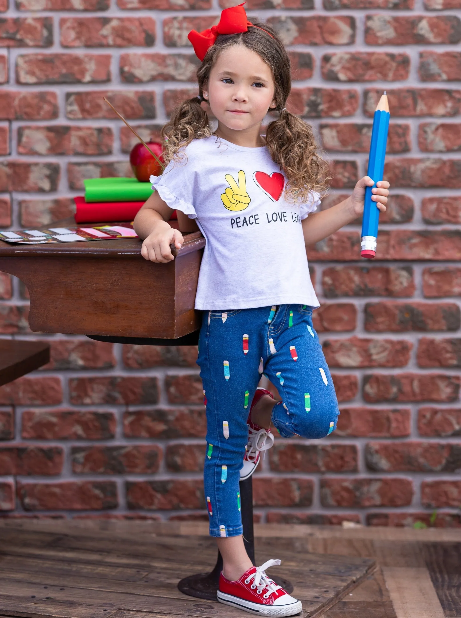 Peace, Love, Learn Pencil Applique Denim Jeans Set