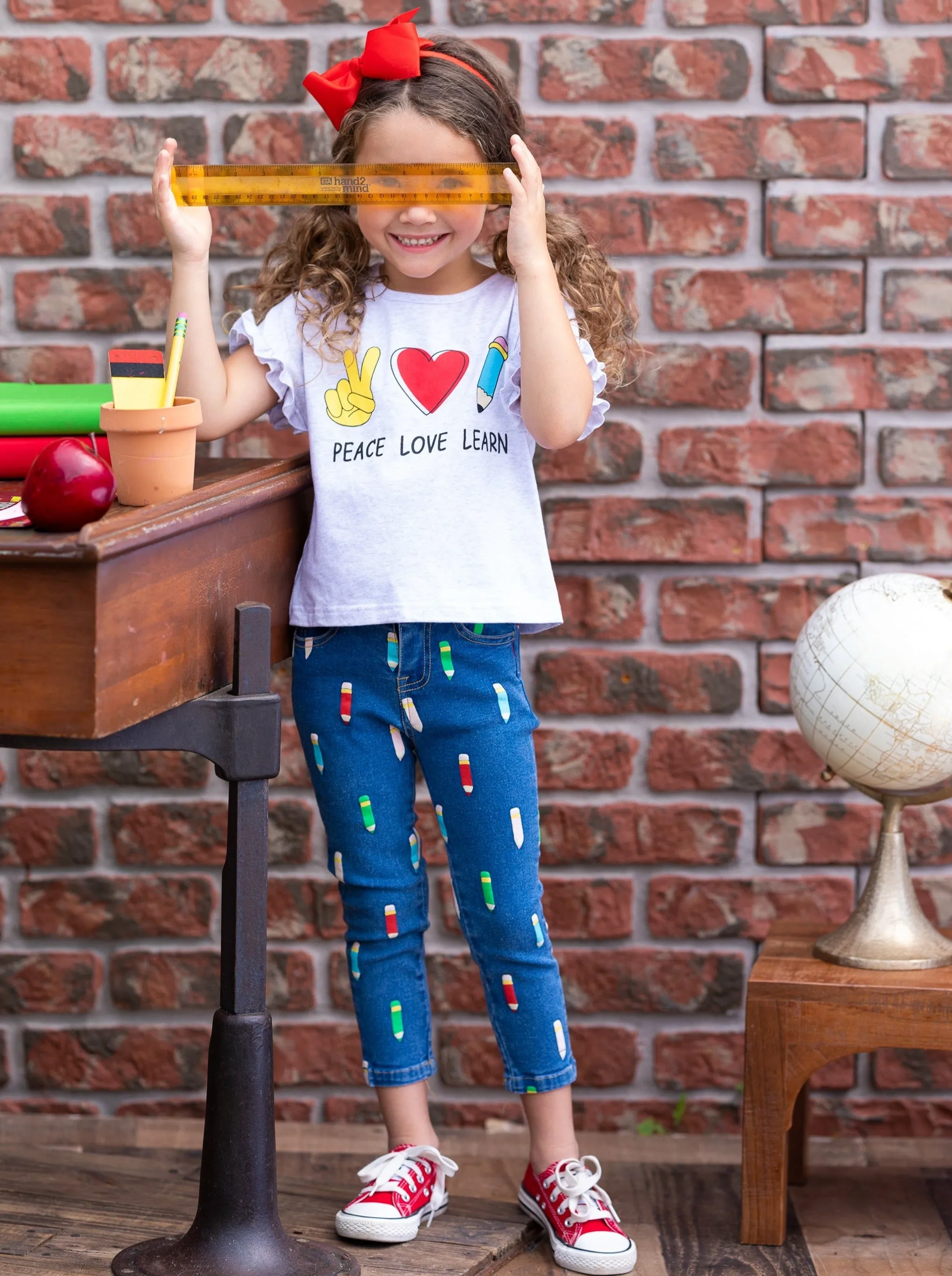 Peace, Love, Learn Pencil Applique Denim Jeans Set