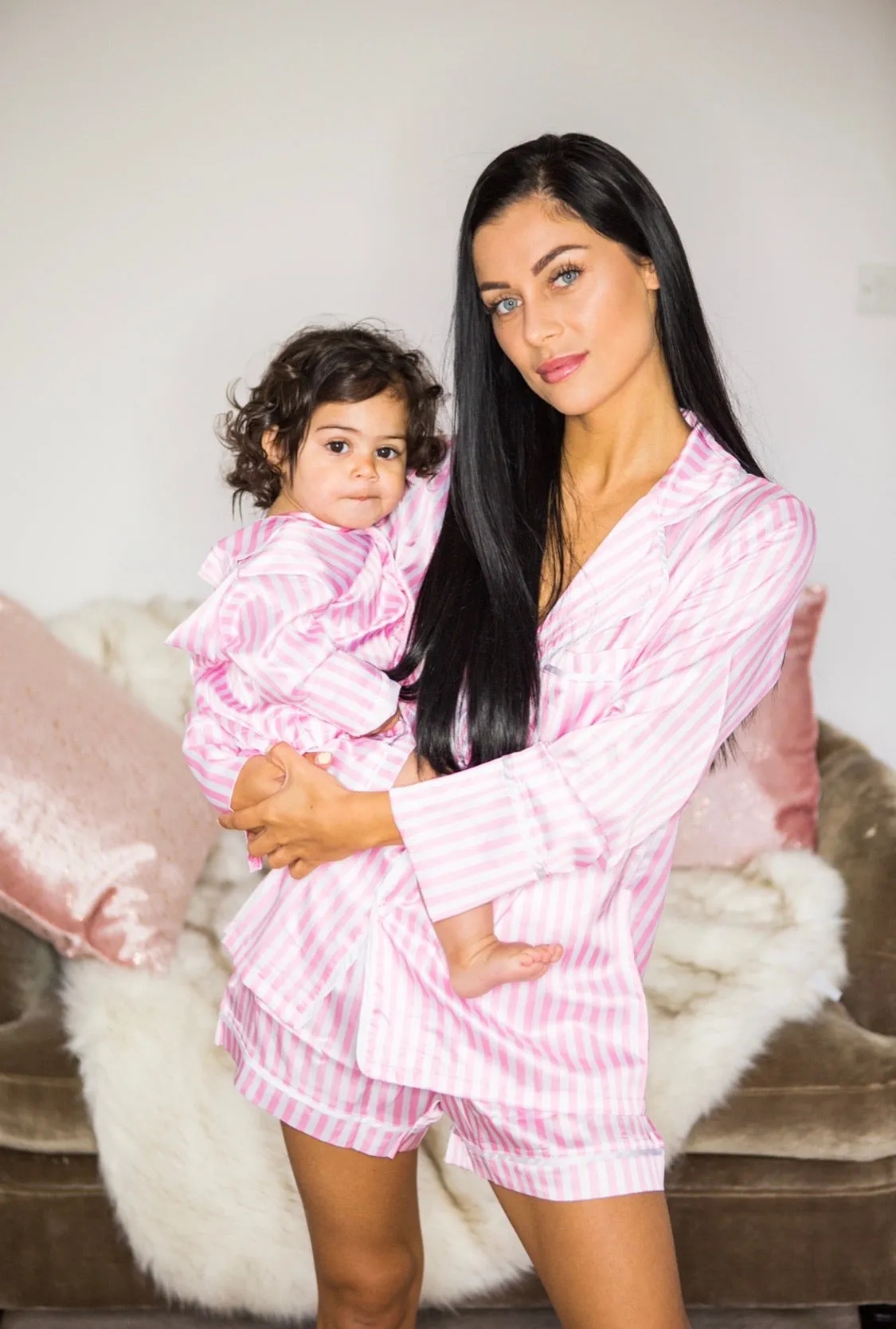 Pink satin striped pyjamas (with shorts) - ADULT