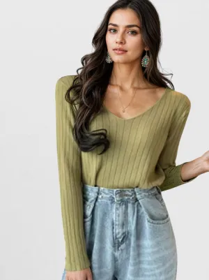 Plunge Neck Olive Knit Top