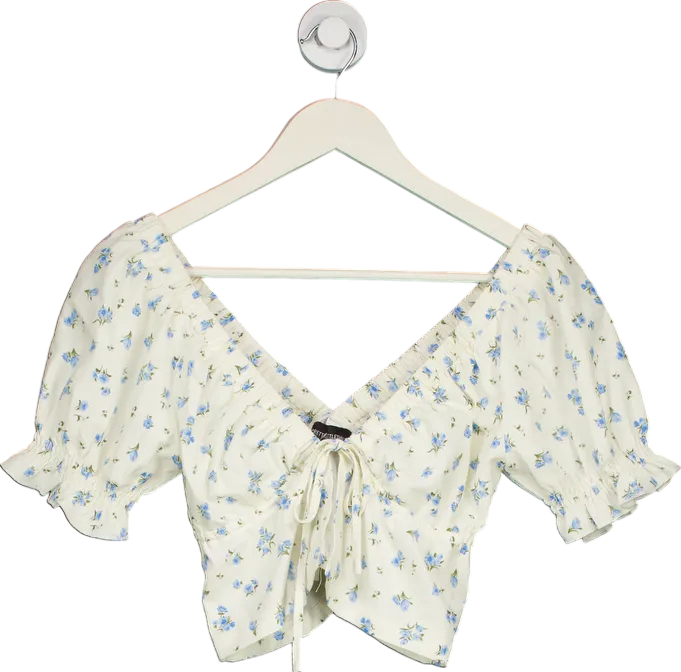 PrettyLittleThing White Floral Crop Top UK 6