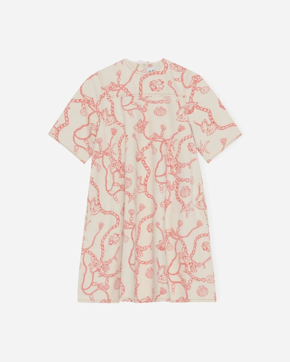 Print Denim A-line Mini Dress - Egret